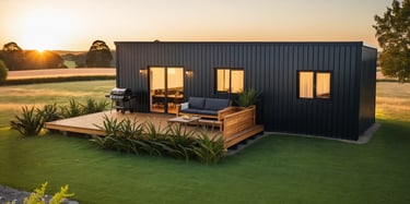 Dark cladding on transportable home, exterior view