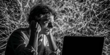 a man sitting at a laptop computer with a laptop on his lap