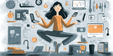 a woman sitting on a desk with a laptop and cell phone