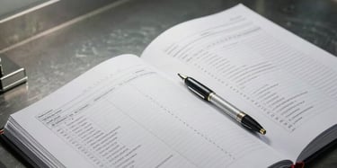 Wide-angle view of a structured protocol binder open on a steel workbench, annotated pages with tables and task sequences visible, a ruler and pen positioned precisely beside the document, cool overhead fluorescent light, systematic and orderly composition