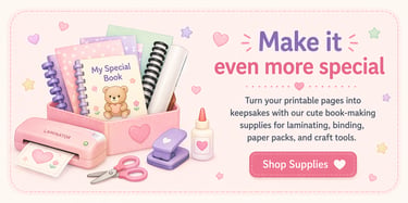Cute book-making supplies featuring a pink laminator, spiral notebooks, and craft tools for DIY scrapbooking.