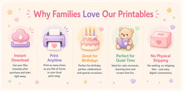 Infographic showing benefits of digital printables for kids, including instant download and birthday activities.