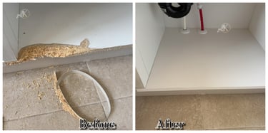 Before and after comparison of a repaired water-damaged particle board cabinet base.