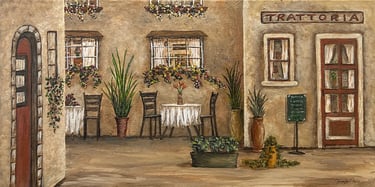 Italy Trattoria Across the Street, 2025, Acrylic on canvas, 8 x 16 x 3/4 inches  $250