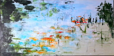 Abstraction gestuelle, superposition de couleurs évoquant lumière et végétation.