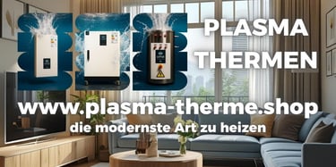 Werbebanner für Utet Lotus Plasma-Thermen: Drei Heizgeräte vor modernem Wohnzimmer, mit Text ‚Plasma Thermen – www.plasma-the