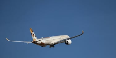An Etihad Airways passenger aircraft cruising through a clear sky