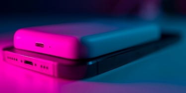 A power bank placed directly on top of a smartphone, and both devices are not in use