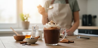 Selbstgemachte heiße Schokolade mit Schokolade, Milch und Zimt auf Küchentisch – DIY-Stimmung mit Da