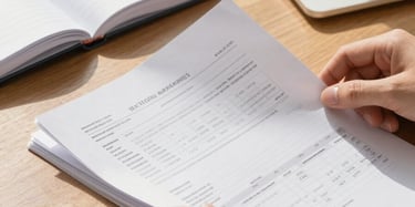 Close-up of organized hands sorting through printed financial documents on a clean wooden desk, warm afternoon daylight streaming from the left, a ledger open beside a laptop keyboard, soft focus background