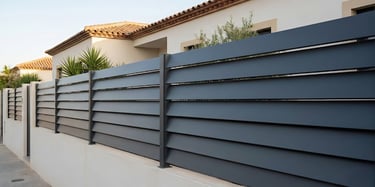 Valla metálica moderna de lamas horizontales inclinadas Modelo Horizonte instalada en vivienda