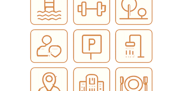 Grid of amenity icons including pool, gym, garden, and more, each in a white square with a gold outline.