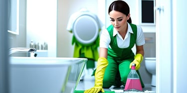 a woman in green overalls cleaning a bathroom