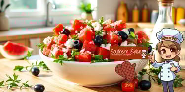 a chef in a white hat and a watermelon salad with feta cheese
