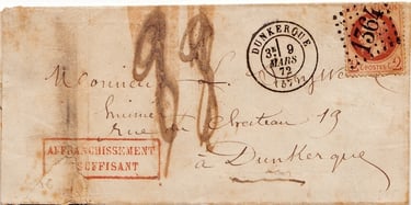 1872: Unzureichend frankierter Brief mit 2 Centimes, mit einer Nachgebühr von 23 Centimes belegt