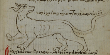 Salamandra medieval con forma de perro enel Physiologus griego
