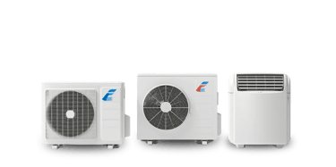 a group of three air conditioners with a white and blue air conditioner