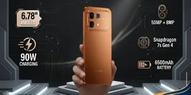 Hand holding orange smartphone featuring Snapdragon 7s Gen 4, 6500mAh battery, and 90W fast charging specifications