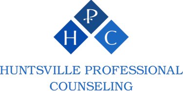 Huntsville Professional Counseling logo with blue diamond icons and a Chi Rho symbol on a black background.