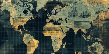 a_modern_dynamic_world_map_with_key_historical_landmarks and historic figures history ai