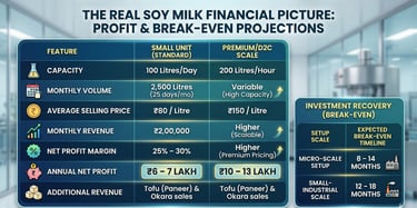 Financial chart showing soy milk business profit projections and break-even timelines for small units.