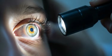 Optometrist doing torch light eye examination looking for eye problems and eye diseases.