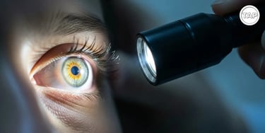 Optometrist doing torch light eye examination looking for eye problems and eye diseases.