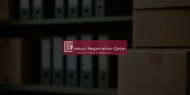 Blurred shelves with files and shipping boxes representing Qatar product registration and document preparation workflow.