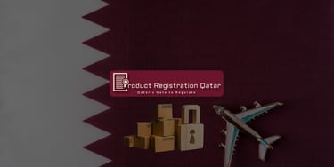Air freight, boxes, & lock on Qatar flag symbolizing secure product import compliance & Product Registration Qatar Logo.