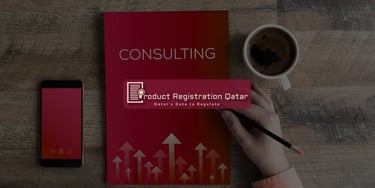 Regulatory consulting visual with upward trends and Qatar branding for product registration.