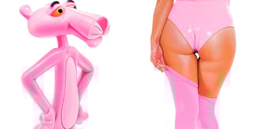 a woman in a pink bikinisuit and pink Panther