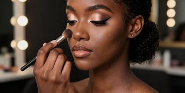 A vibrant photo showcasing expertly applied makeup highlighting natural beauty with gold and black accents.