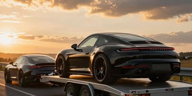 Sleek black luxury car parked under soft golden lighting on a city street at dusk.