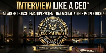Executive office with city skyline view promoting Interview Like a CEO career coaching system.