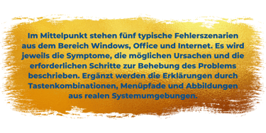 Im Mittelpunkt stehen fünf typische Fehlerszenarien aus dem Bereich Windows, Office und Internet. Es