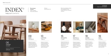 Home decor catalog spreadsheet with product categories like chair, table, lamp, and descriptions.