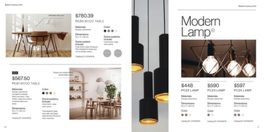 Home decor catalog with one page for two dining sets and another for two lamps in various colors.