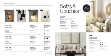 Home decor catalog spreadsheet with one page of lamps and another featuring two sofas and couches.