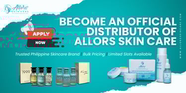 Promotional image for Allors Skin Care, inviting applications to become a distributor, showcasing various skincare products.