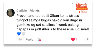 Customer testimonials highlighting positive reviews for Allors Skincare on Shopee.