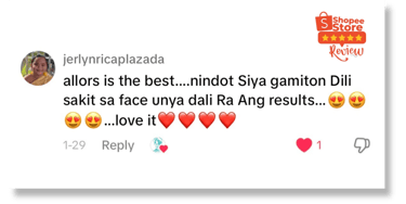 Real user feedback and 5-star reviews of Allors Skincare from Shopee customers.