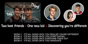 image showing the main characters and book titles of the series