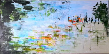 Peinture acrylique 60×120 cm, superposition de couleurs suggérant lumière, eau et végétation.