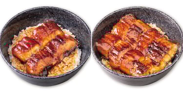 くら寿司で販売されている「うな丼」と「特上うな丼」の商品写真。タレがたっぷりかかったふっくら焼き上げたうなぎが、ご飯の上に盛り付けられている。