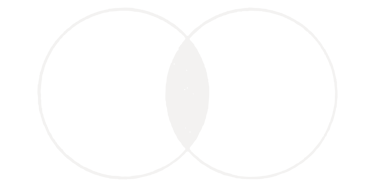A minimalist black and white Venn diagram showing two overlapping circles on a dark background.