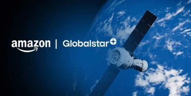 Amazon and Globalstar partnership logo displayed with a satellite orbiting Earth in space.