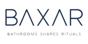 Baxar logo featuring dark blue typography with the slogan Bathroom Shapes Rituals on a black background.