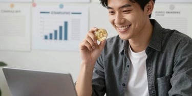 A happy client using a laptop surrounded by discount tags and dollar signs.