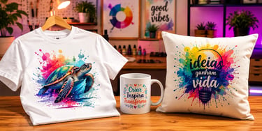 Produtos de Print on Demand — camiseta, caneca e almofada com designs de nicho