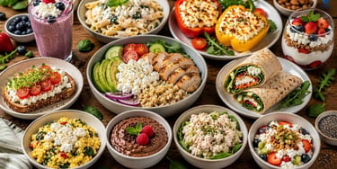 Various high protein cottage cheese breakfast meals are set out on a rustic wooden table, such as br